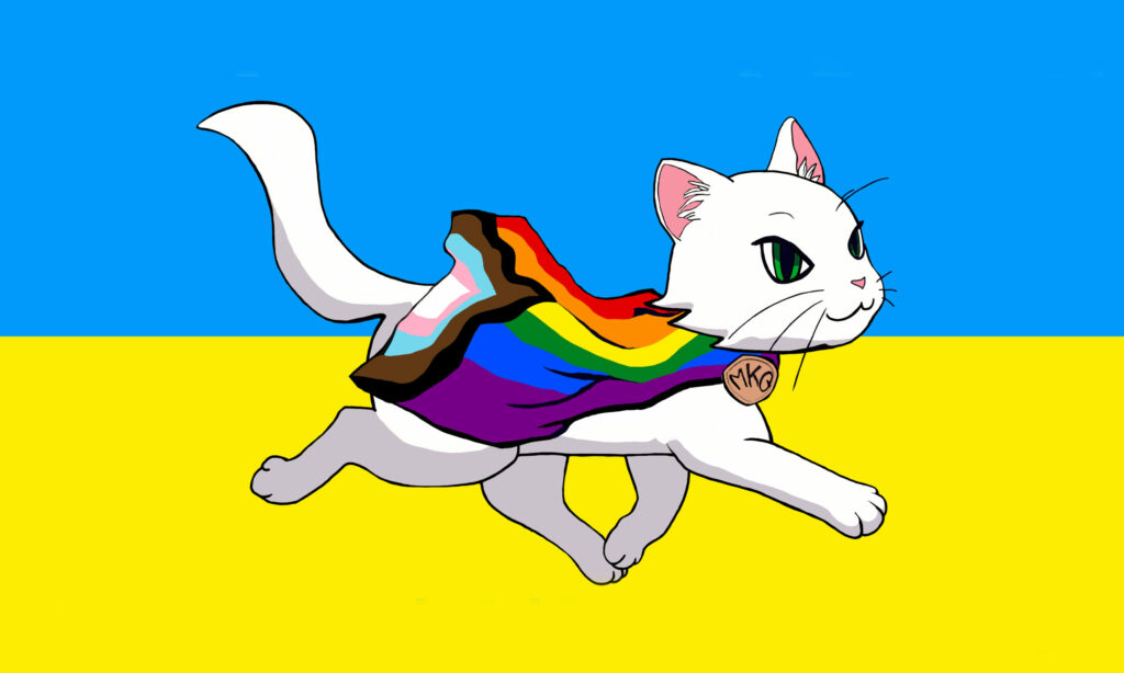 Superhelden-Katze mit Regenbogenfahne als Umhang auf blau-gelbem Hintergrund.