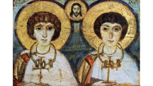 Seventh-century icon of Saints Serge and Bacchus, joined by Christ. Originally from the monastery of St. Catherine on Mt. Sinai; now in the collection of Bohdan and Varvara Khanenko National Museum of Arts in Kyiv.